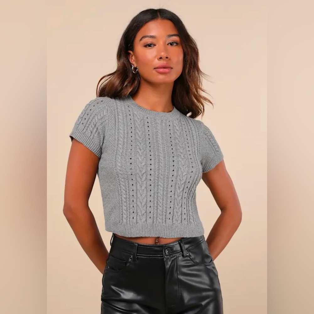 Lulus Modish Ways Heather Grey Cable Knit Short Sleeve Sweater Top